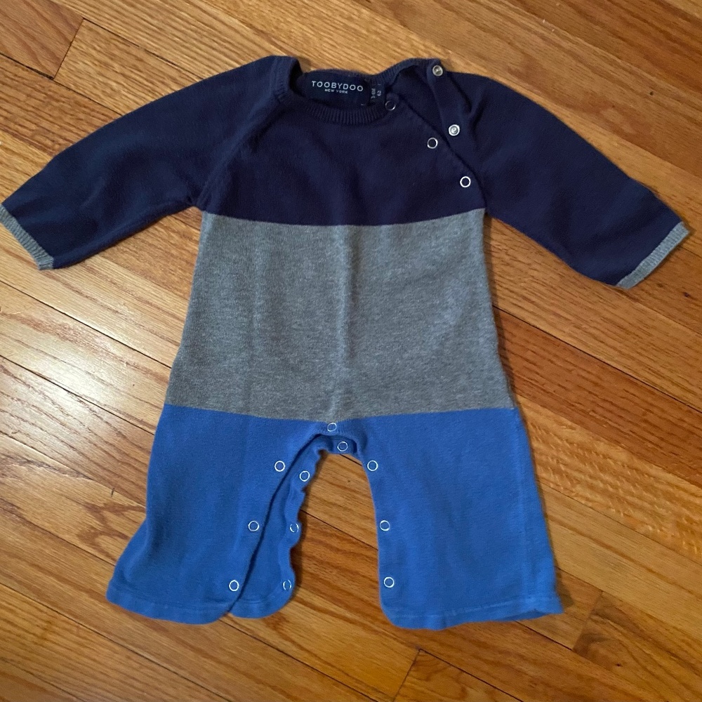Toobydoo Baby Boys Knit Blue and Gray Jumpsuit 3-6M